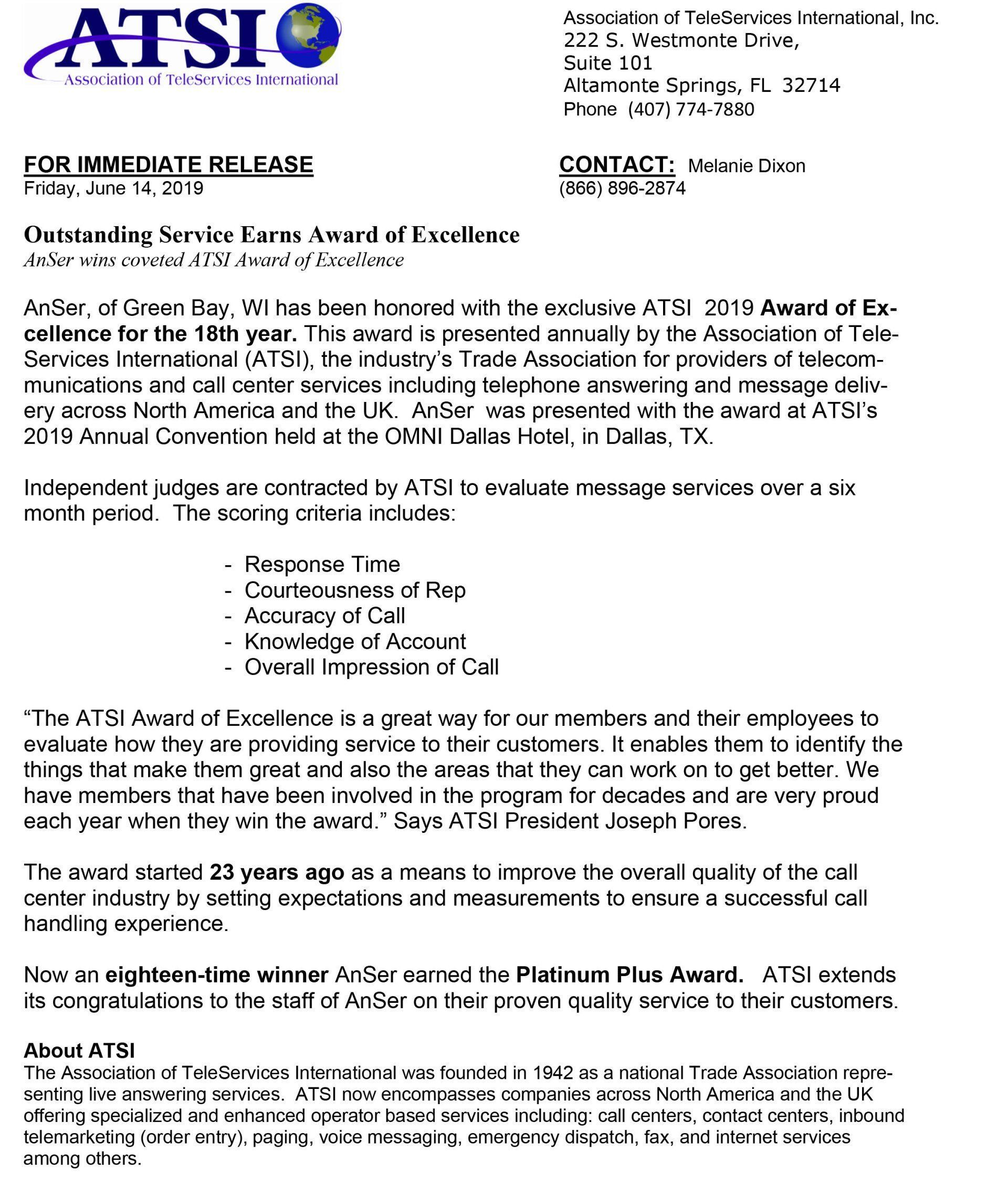 Press release from ATSI announcing the recipient of their annual awards.