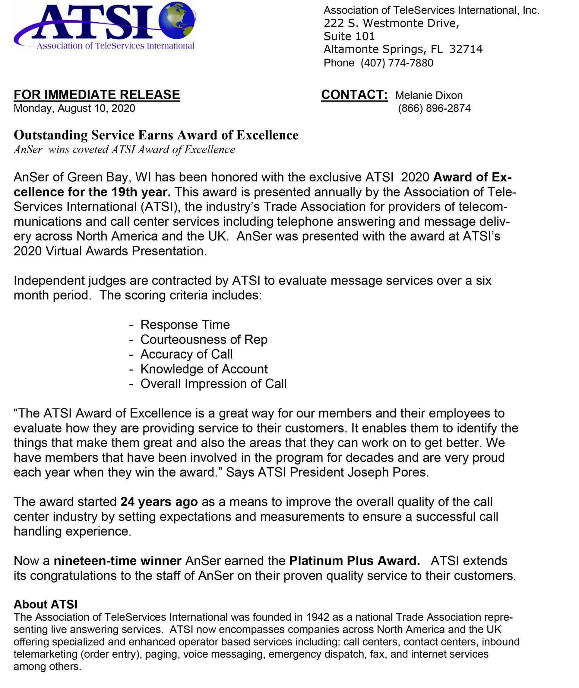 Press release from ATSI regarding their award for members.