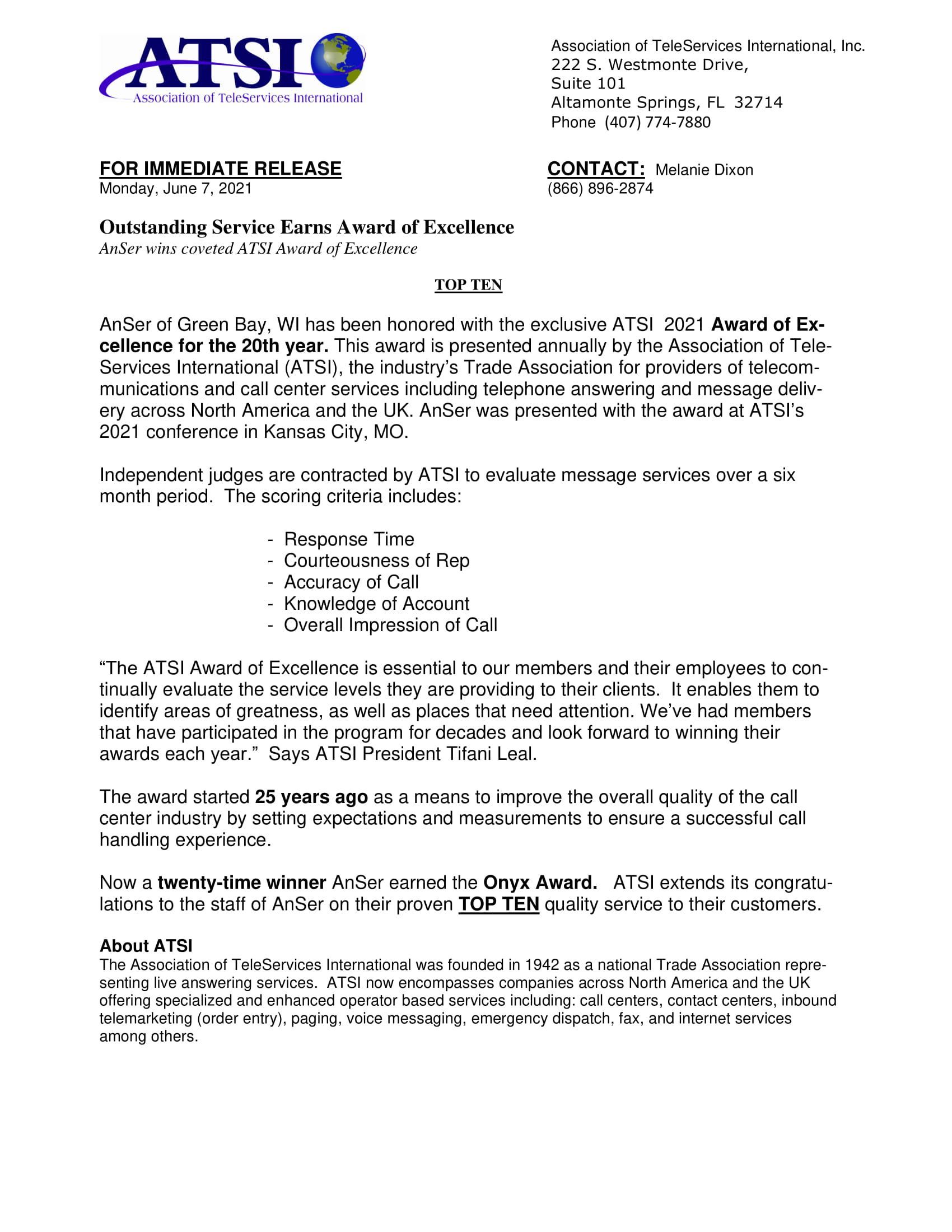 Document from ATSI with text on a company announcement and its services.