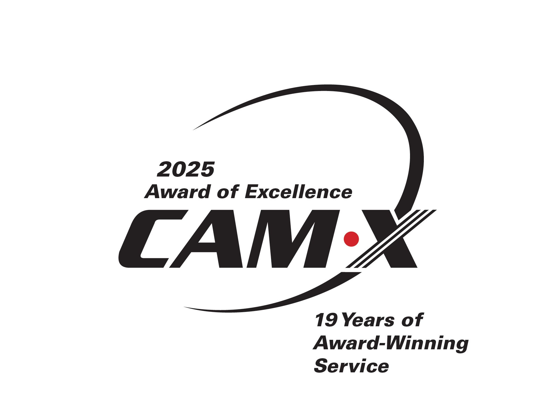 CAM-X Award of Excellence logo. Black, curved arc over the words 