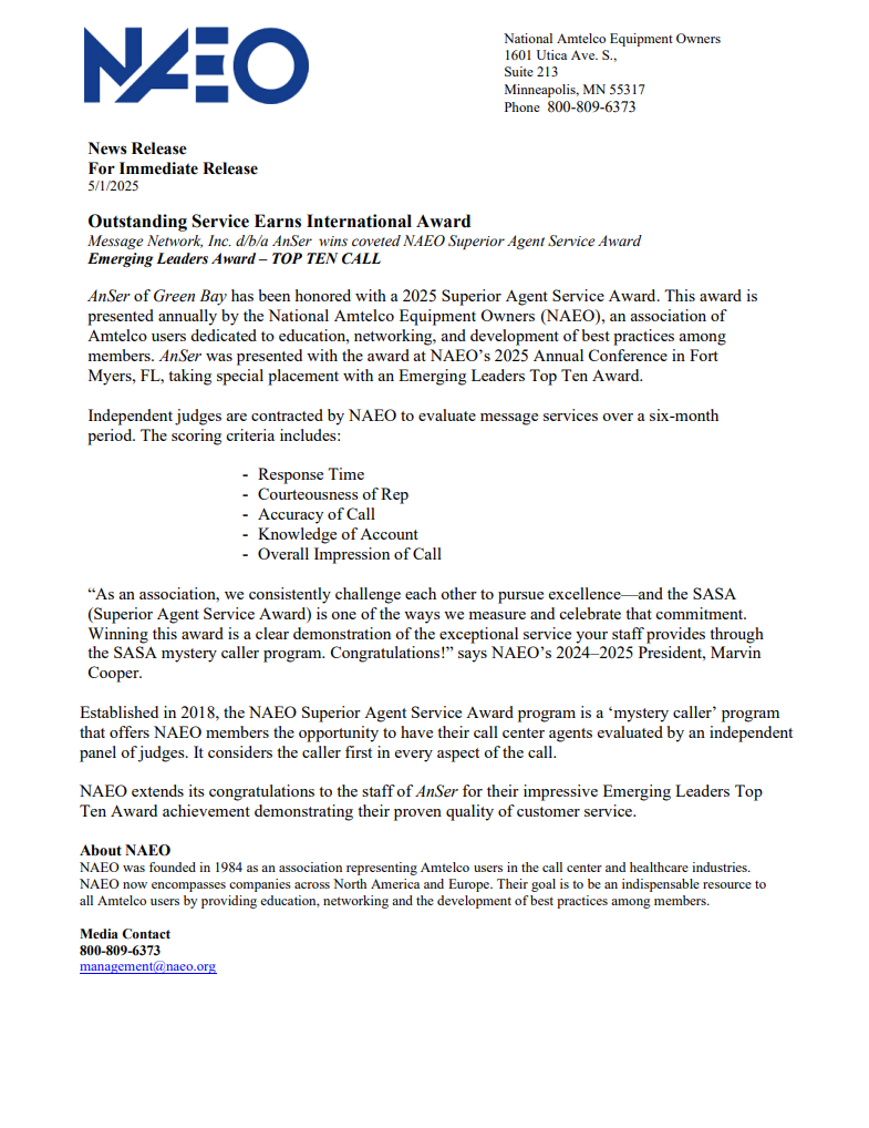 NAEO-SASA-Emerging-Leader-Top-10-Press-Release-2025 — Green Bay, WI — AnSer