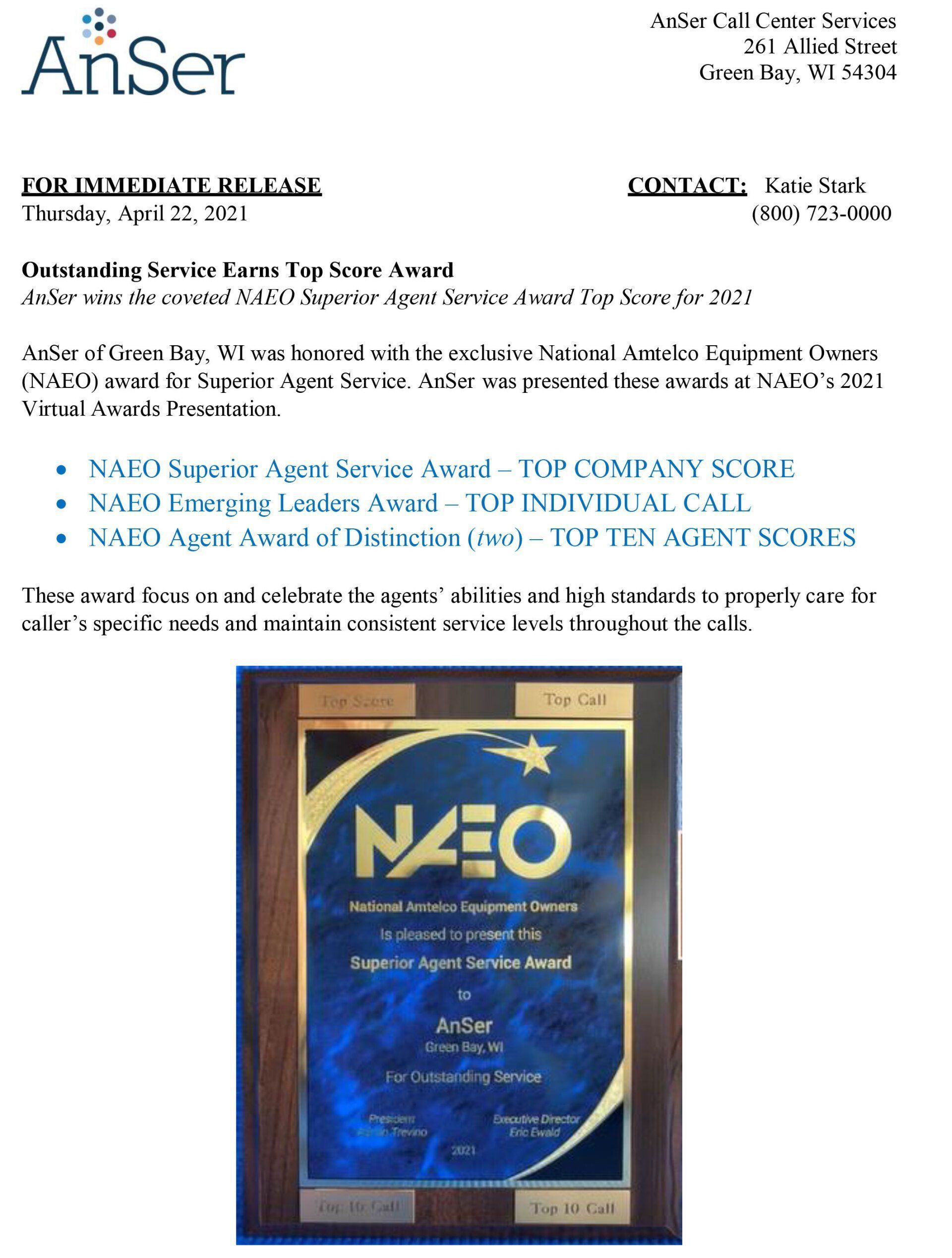 Press release announcing the AnSer Team Award; includes a photo of an award plaque.
