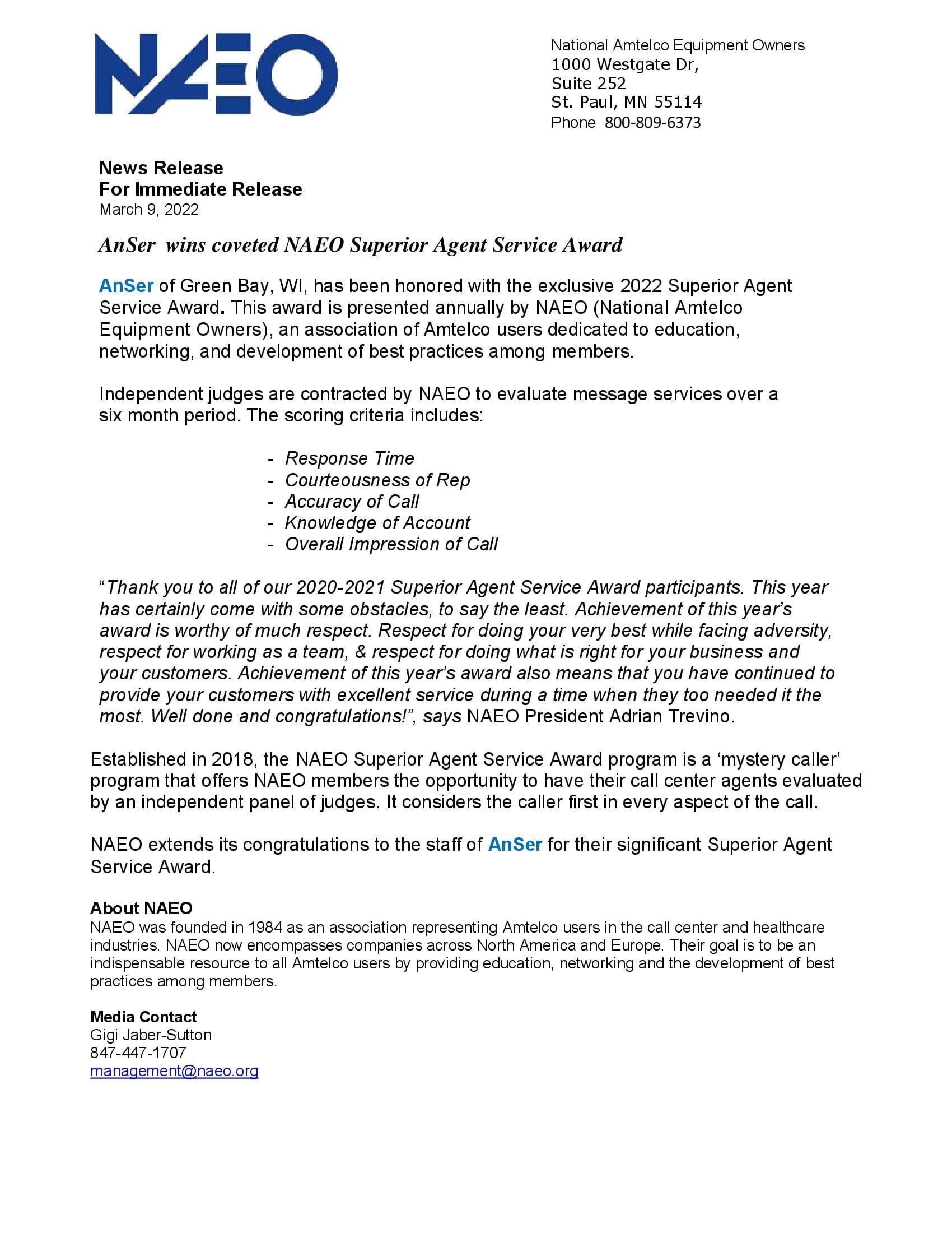 Letter from NAEO on white paper with black text. Contains contact information and topics of discussion.