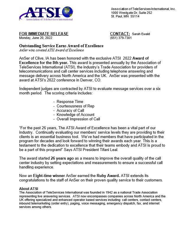 Press release from ATSI announcing an award of excellence for service in North America.