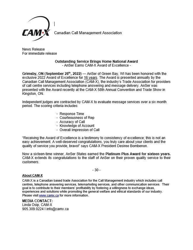 CAM-X press release awarding the Outstanding Service Bronze Award to CellCare.