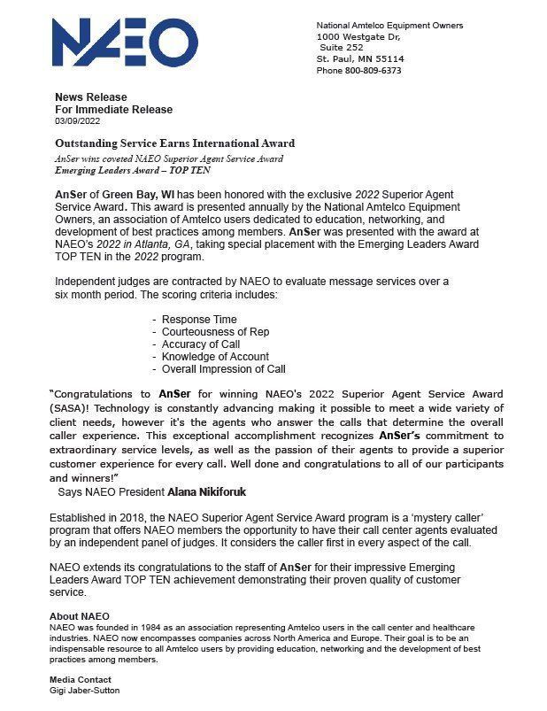 Press release: NAEG announces Anber as outstanding service agent.