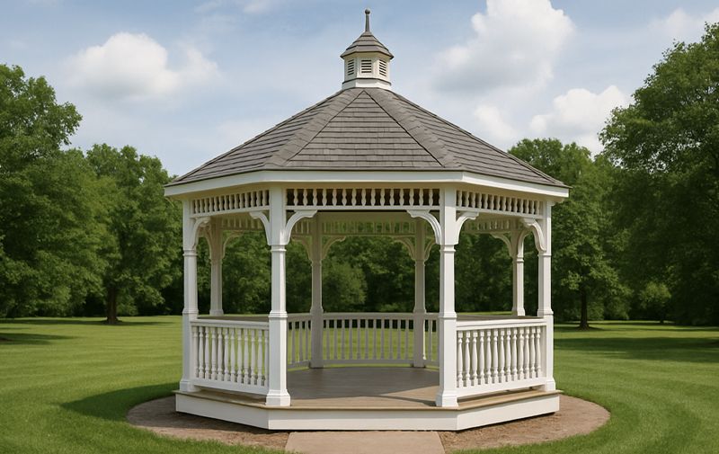White gazebo with gray roof on a grassy lawn