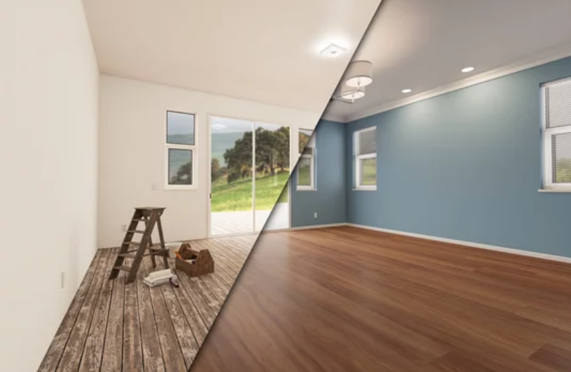 Room renovation comparison: Before (white walls, old wood floor) and after (blue walls, wood floor)