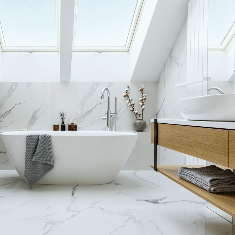 Modern bathroom with a white freestanding tub