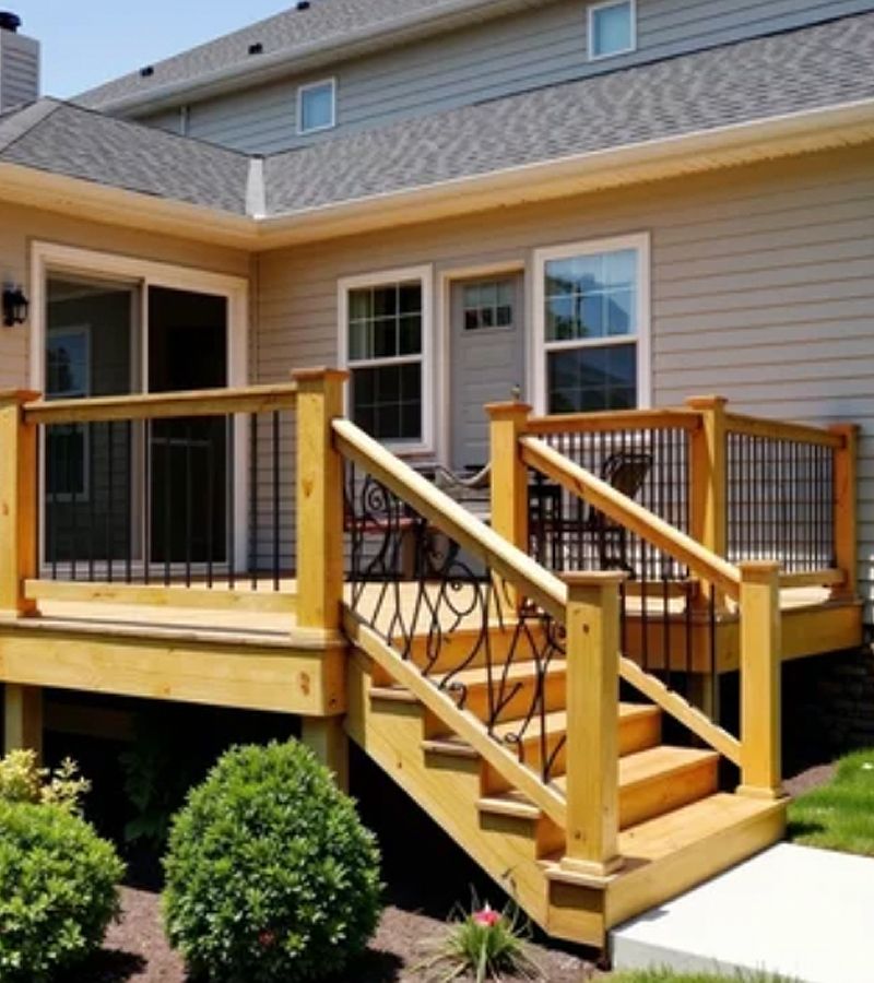 Wooden deck with stairs, black metal railings, and view of a house