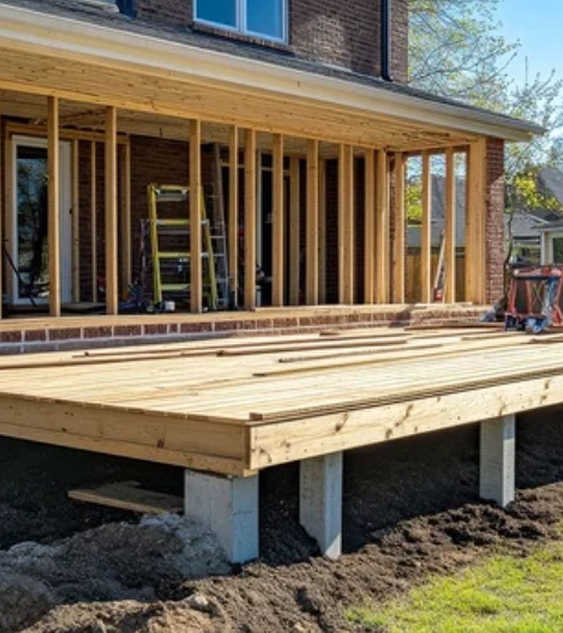 Deck and wooden frame construction in progress