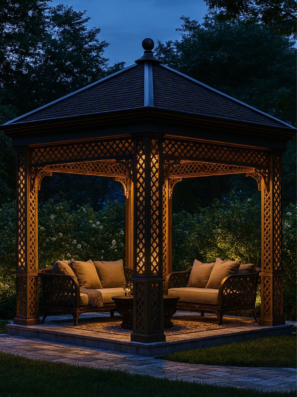Gazebo with warm lighting, two sofas, set in a garden at dusk