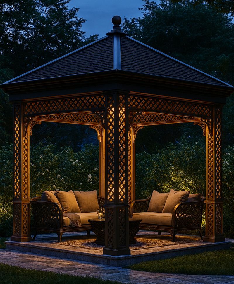 Wooden gazebo at night, with lit interior