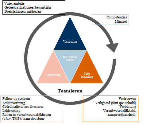 Diagram dat de componenten van teamleren illustreert: visievorming, organisatie, veilig samenwerken en mindset.