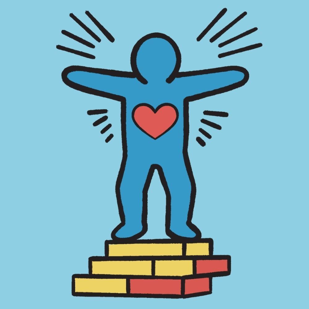 Diagram: Enthousiasme in hartvorm, omgeven door elkaar kruisende cirkels met de labels: Betekenis, Natuur, Financiën en Mensen.