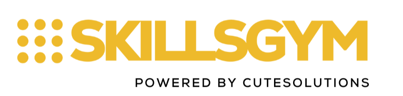 SkillsGym-logo: gele tekst op een witte achtergrond, 