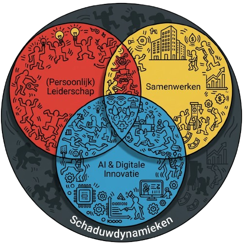 Diagram: Enthousiasme in hartvorm, omgeven door elkaar kruisende cirkels met de labels: Betekenis, Natuur, Financiën en Mensen.