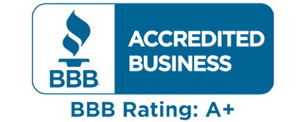 A blue and white logo that says accredited business bbb rating : a +