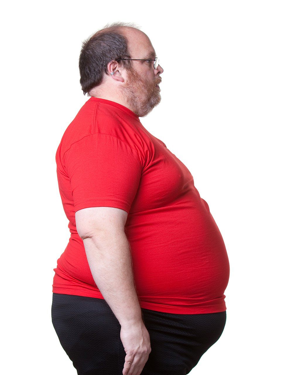 a man in a red shirt has a very large belly