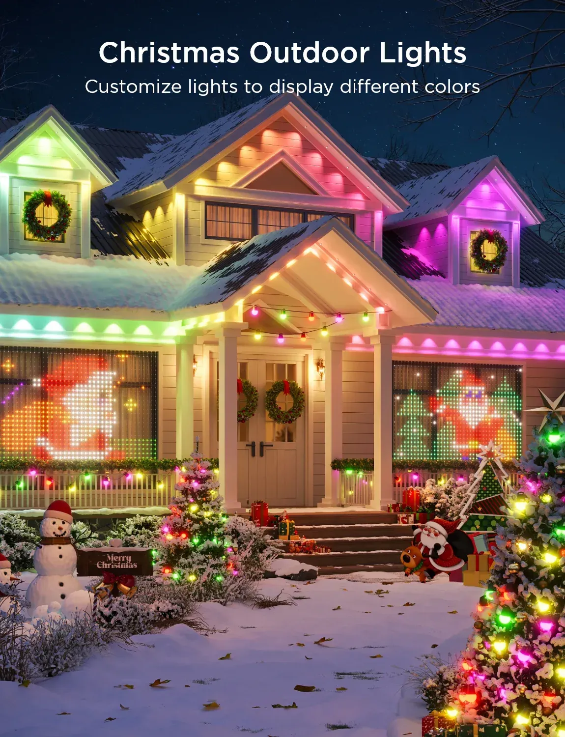 A house decorated with christmas outdoor lights and a christmas tree.