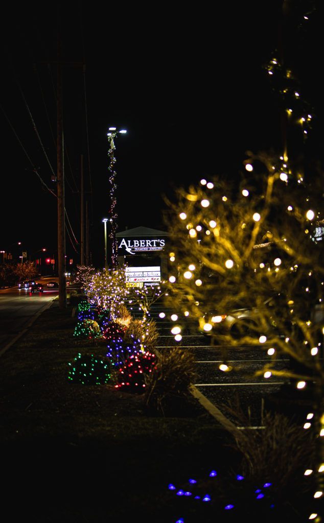 A row of christmas lights are lined up on a sidewalk at night.