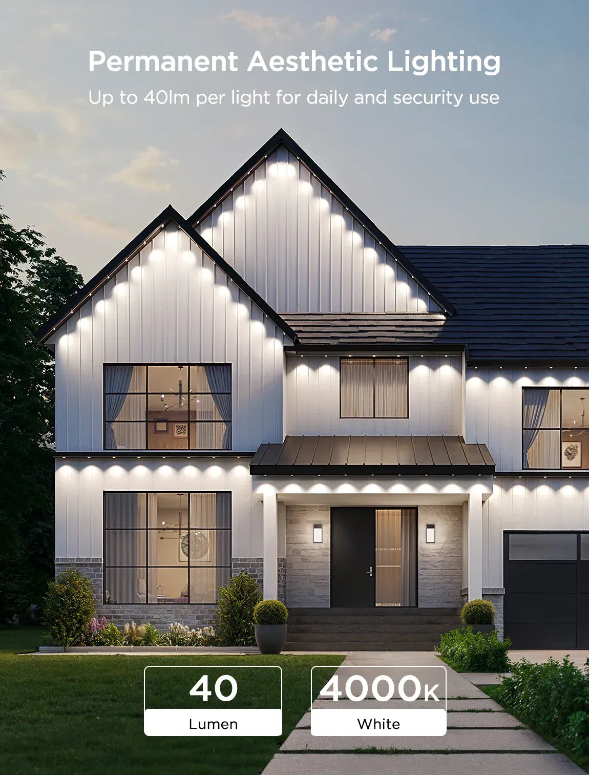 A white house with permanent aesthetic lighting on it