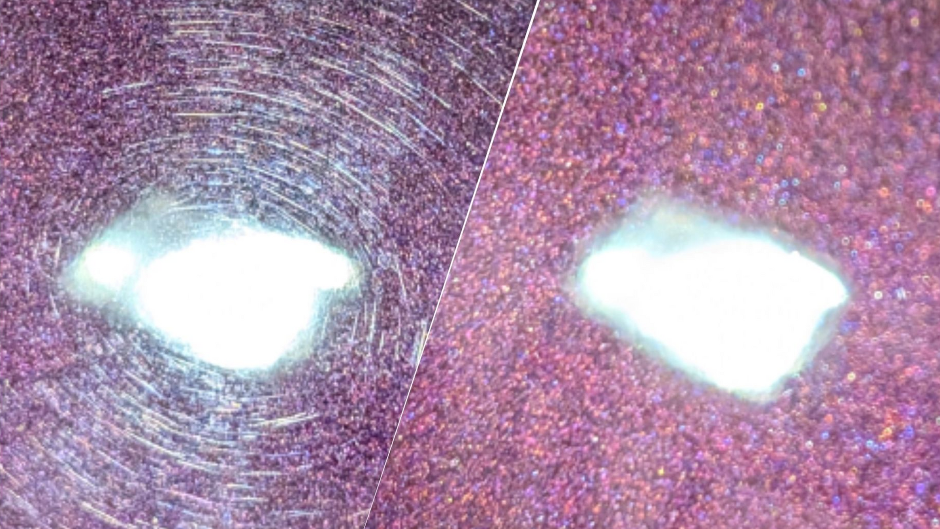 Purple glittery surface with two bright white rectangular reflections and a curved scratch line