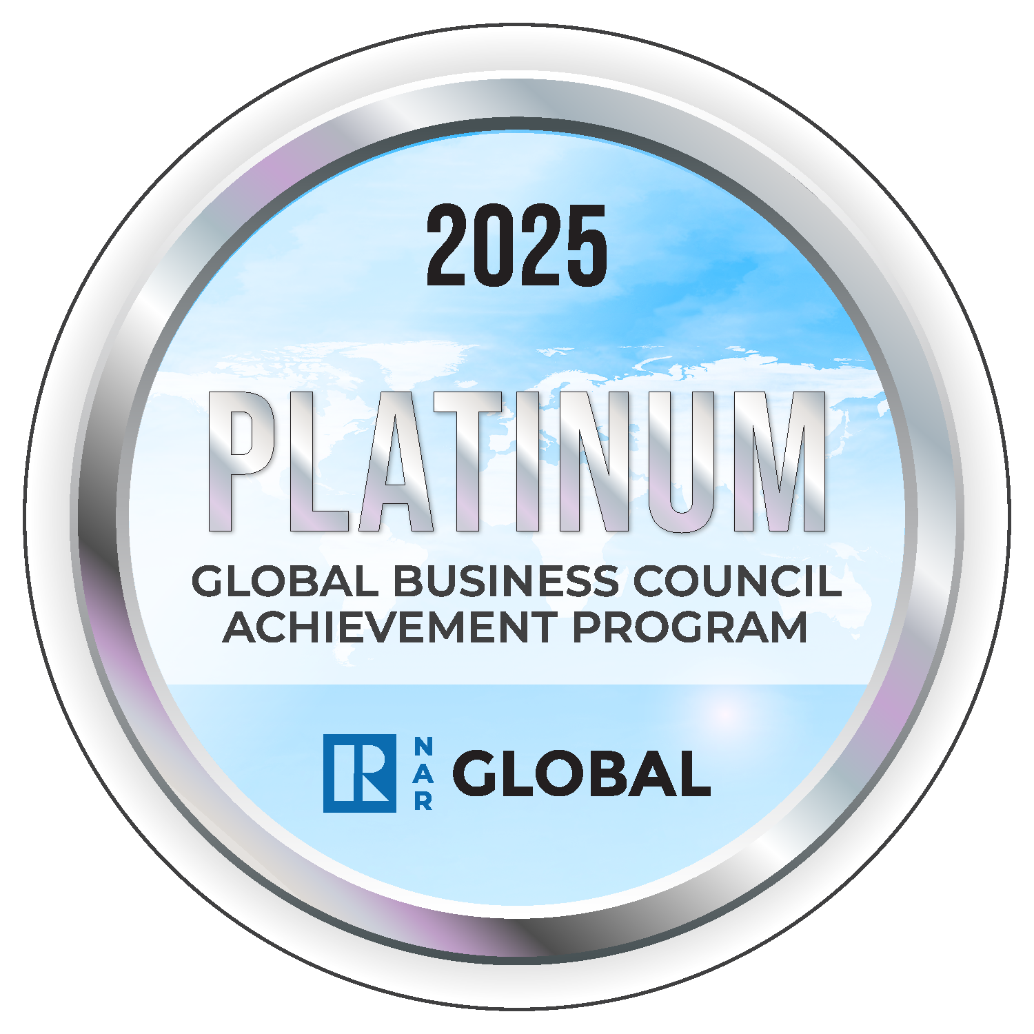 A silver and blue Platinum Global Business Council Achievement Program badge for 2025.