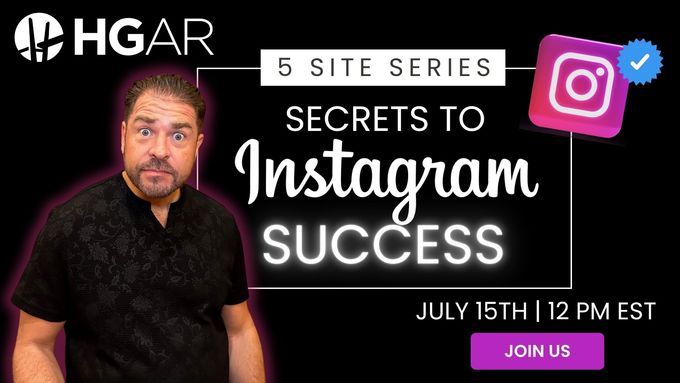 A man is standing in front of a sign that says secrets to instagram success.