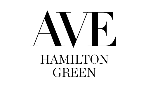 A black and white logo for ave hamilton green on a white background.