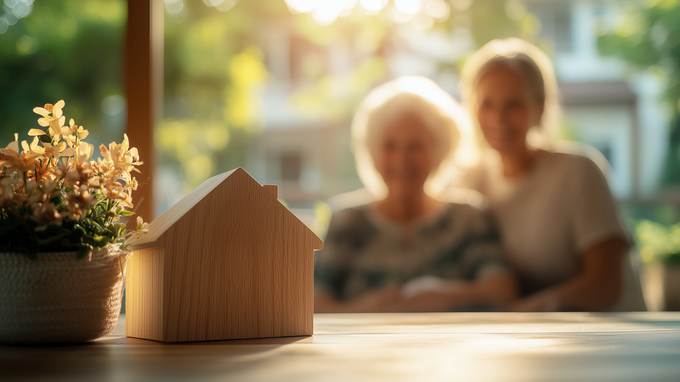 Two women, one elderly, are sitting at a table with a model house in the foreground.