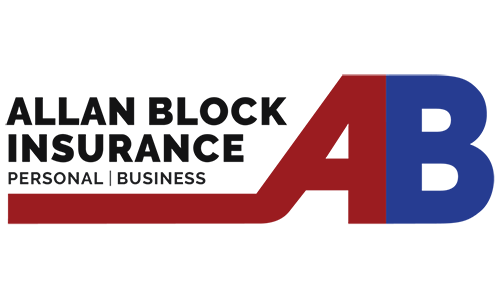 The allan block insurance logo is red , blue and white.