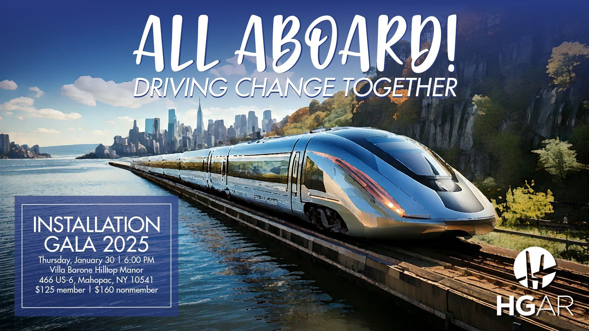 Advertisement for Installation Gala. Train on tracks with a cityscape background. Text:  All Aboard! Driving Change Together