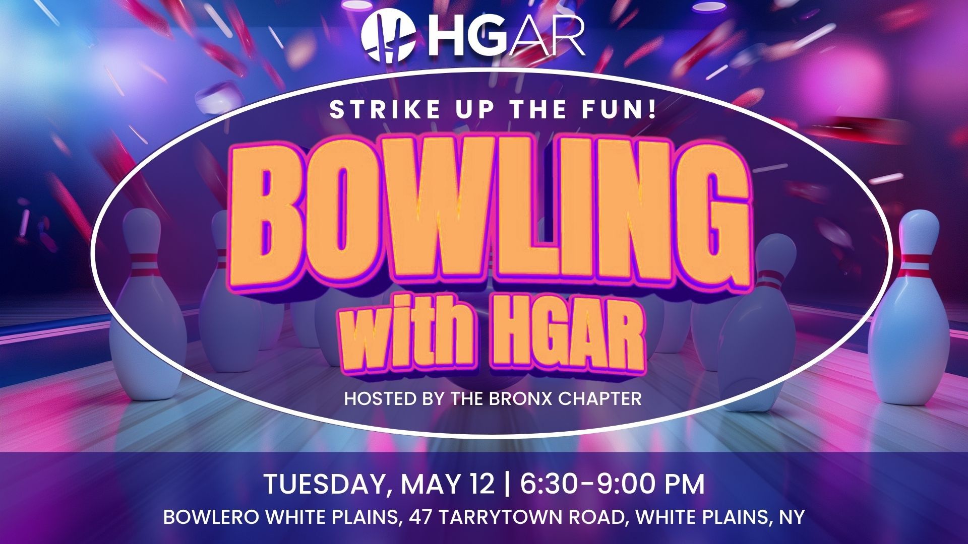 Colorful bowling event flyer with pins, balls, and bold text: “Bowling with HGAR” on Tuesday, May 12