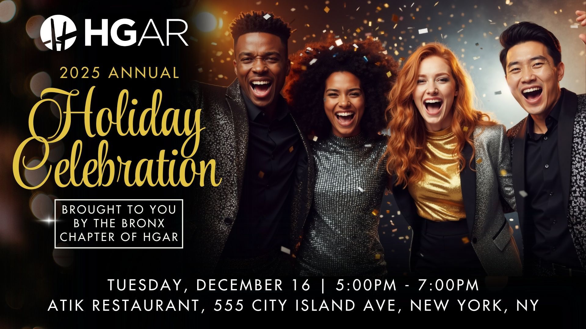 HGAR 2025 Holiday Celebration, December 16 at Atik Restaurant. Group of people smiling and celebrating.