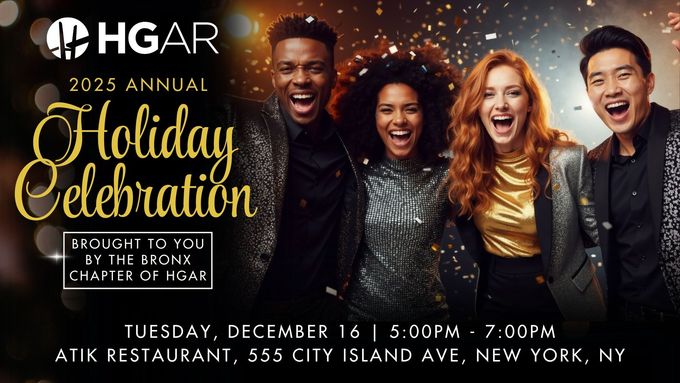 HGAR 2025 Holiday Celebration, December 16 at Atik Restaurant. Group of people smiling and celebrating.