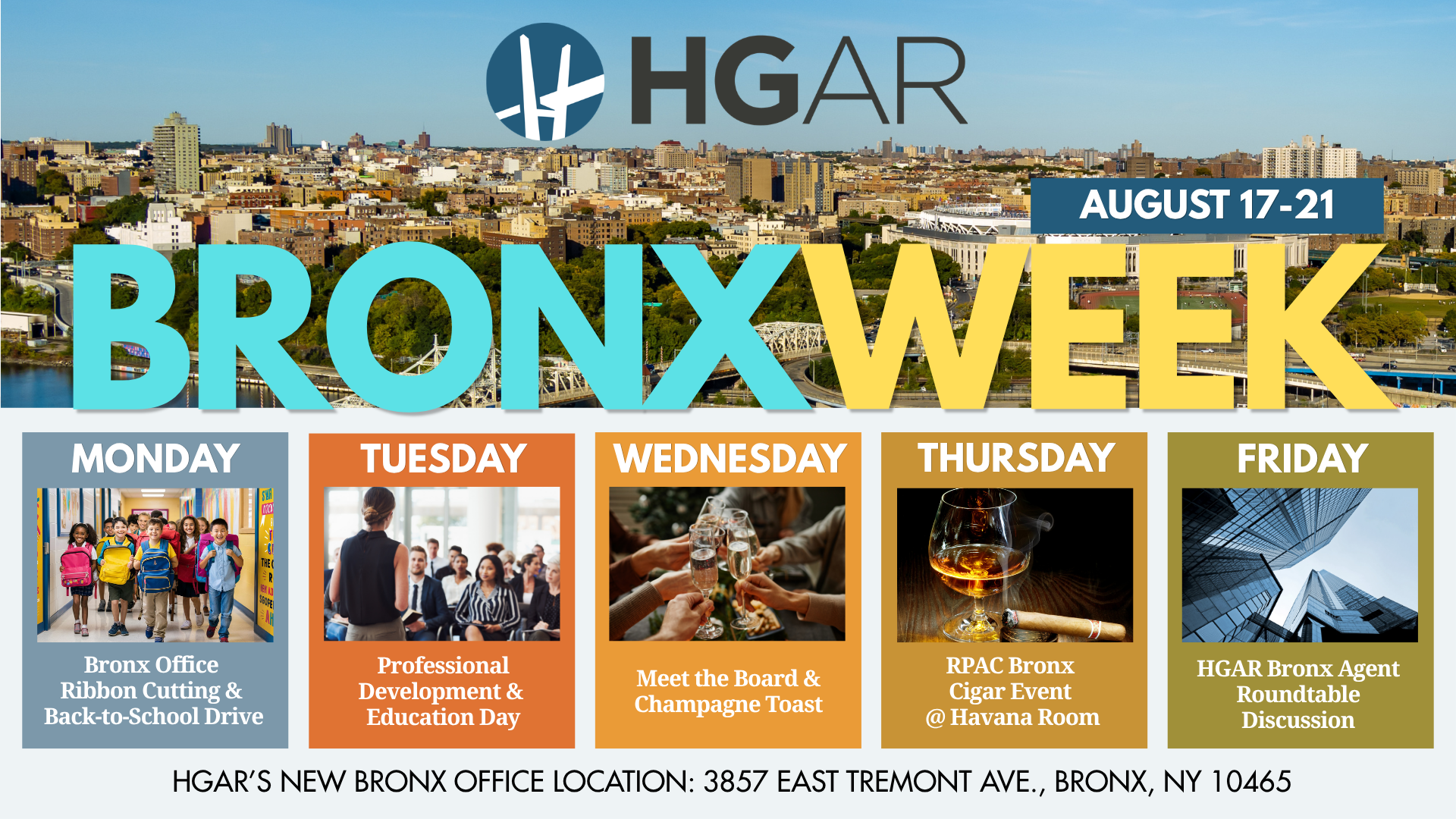 HGAR Bronxy Week event banner with five weekday panels and NYC skyline background