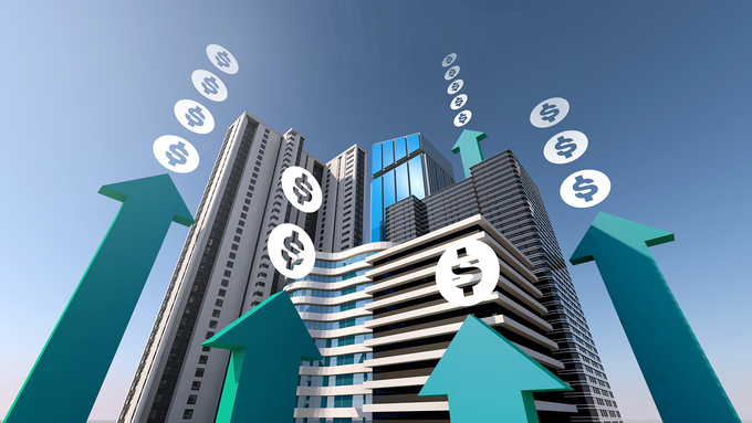 Buildings with dollar signs and upward arrows, representing financial growth.