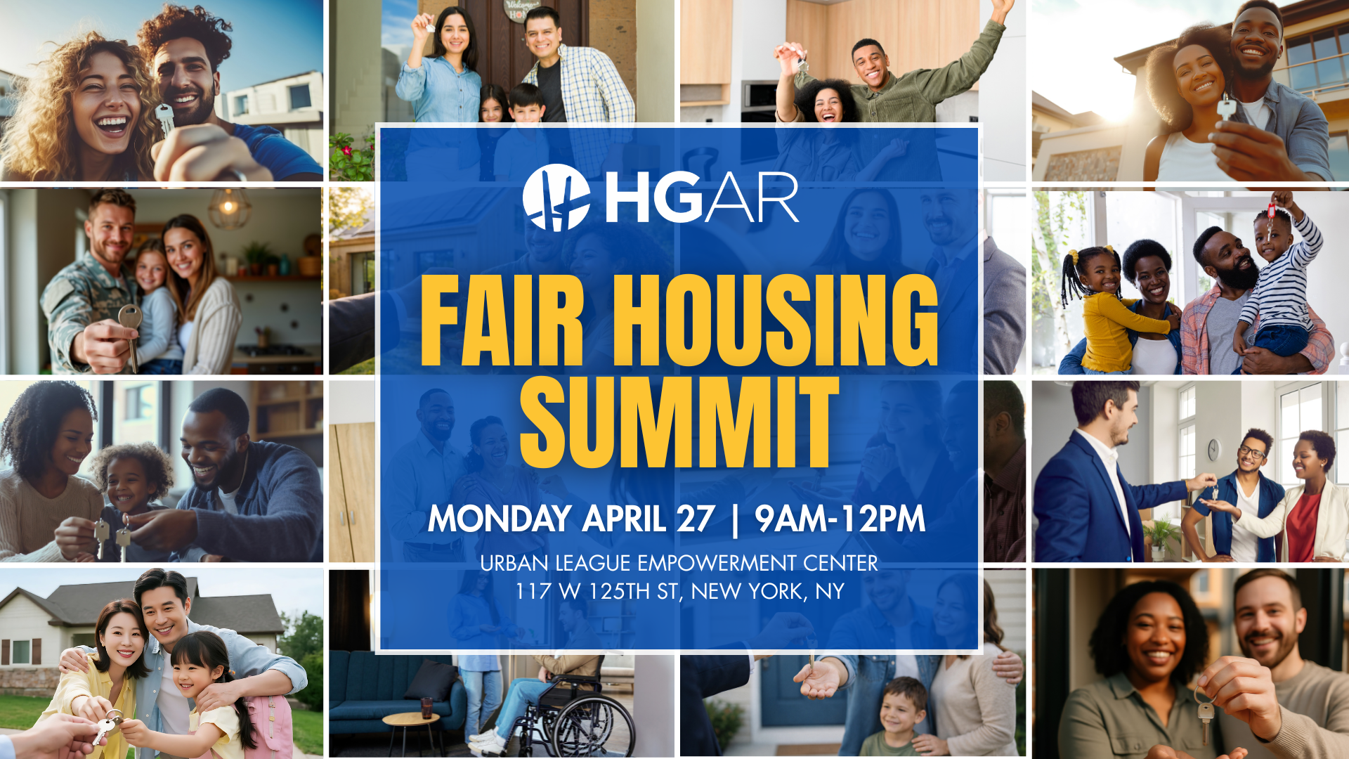 A flyer for the HGAR Fair Housing Summit on Monday, April 27, 9am-12pm, featuring a collage of diverse, smiling people.