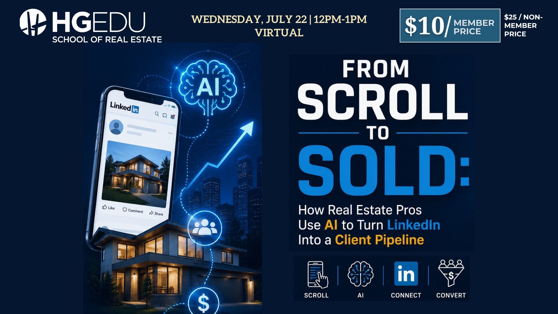 Webinar promo poster: “From Scroll to Sold,” blue cityscape with AI icons and virtual event details.