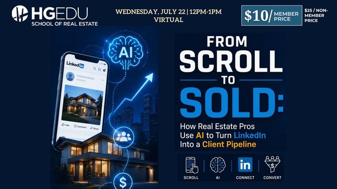 Webinar promo poster: “From Scroll to Sold,” blue cityscape with AI icons and virtual event details.