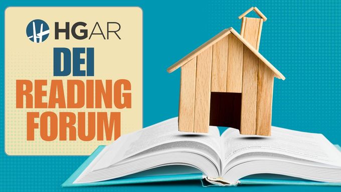 HGAR DEI Reading Forum graphic: Wooden house on an open book, teal background, logo.