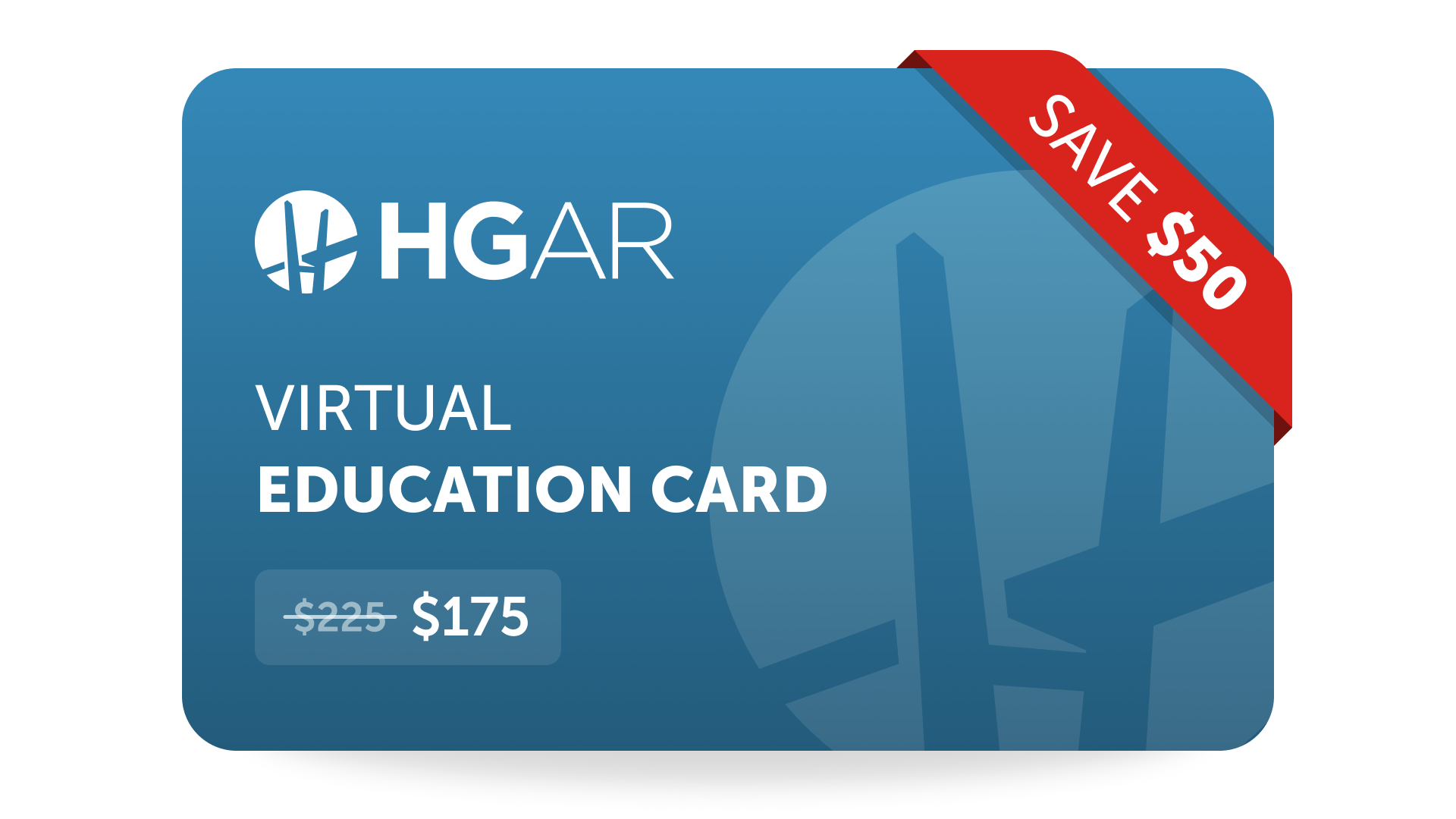 A blue virtual education card with a red ribbon that says save $50