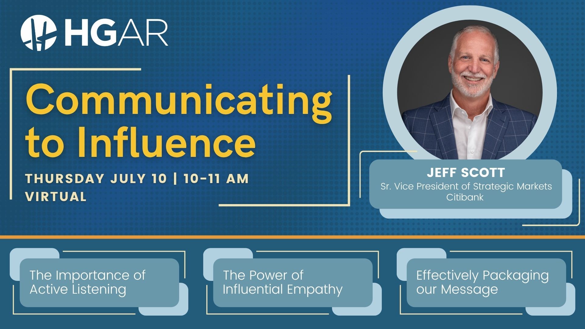 Advertisement for Communicating to Influence Event with a picture of Jeff Scott.