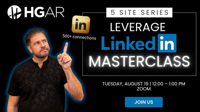 A man points upwards, advertising a LinkedIn Masterclass by HGAR. It's a Tuesday Zoom session.