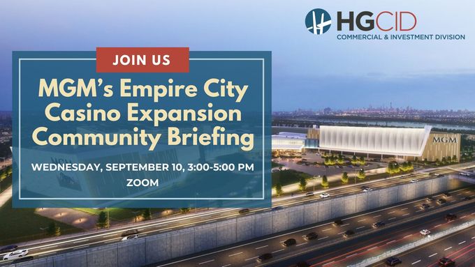 MGM's Empire City Casino Expansion Community Briefing ad. Blue banner with text over a rendering of the casino.