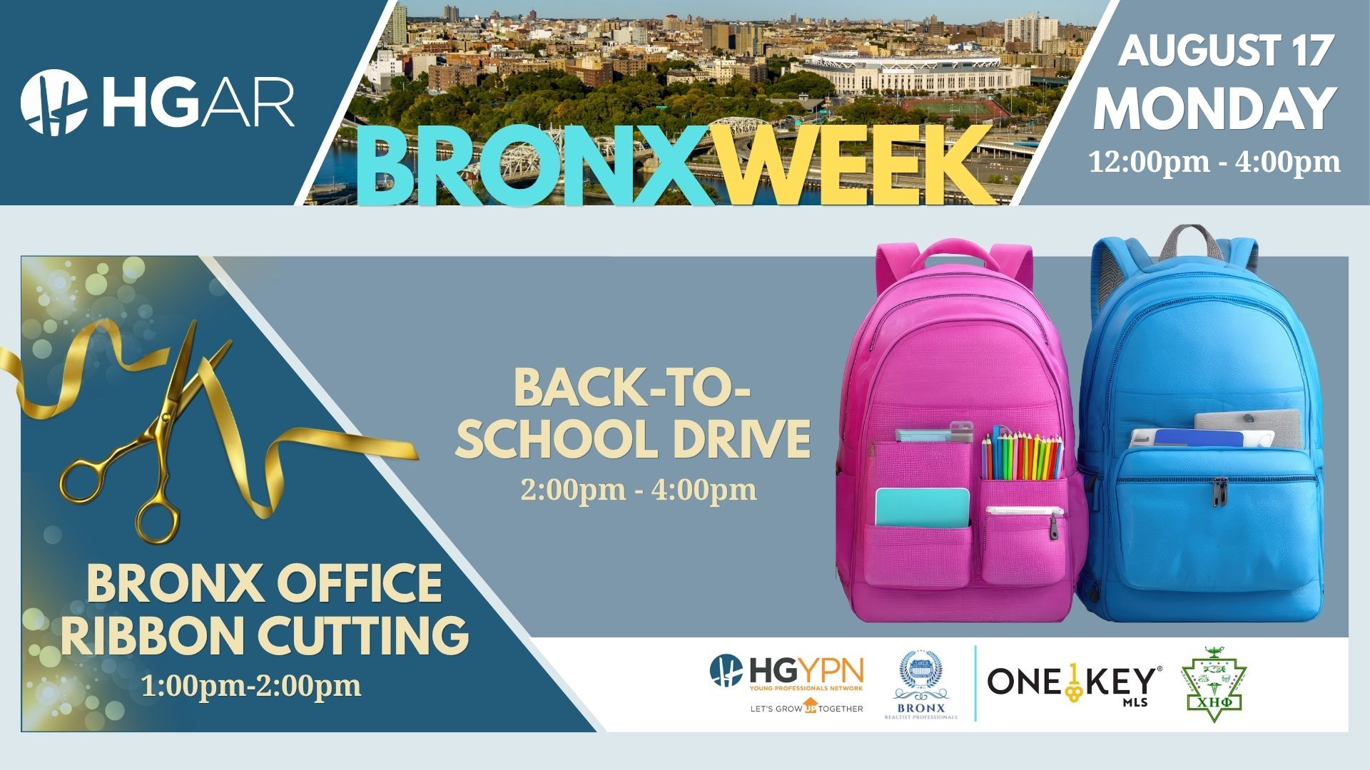 Bronx Week flyer for back-to-school drive, office ribbon cutting, and Aug. 17 Monday event with pink and blue backpacks.