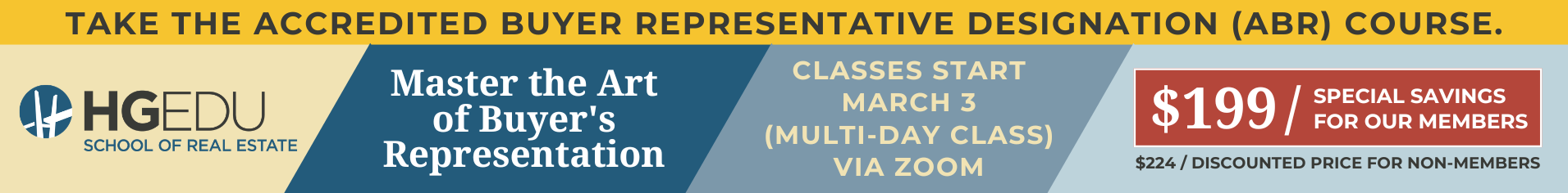Advertisement for Accredited Buyer Representative Designation course: $199. Classes start March 3, virtual class 5-7 pm.