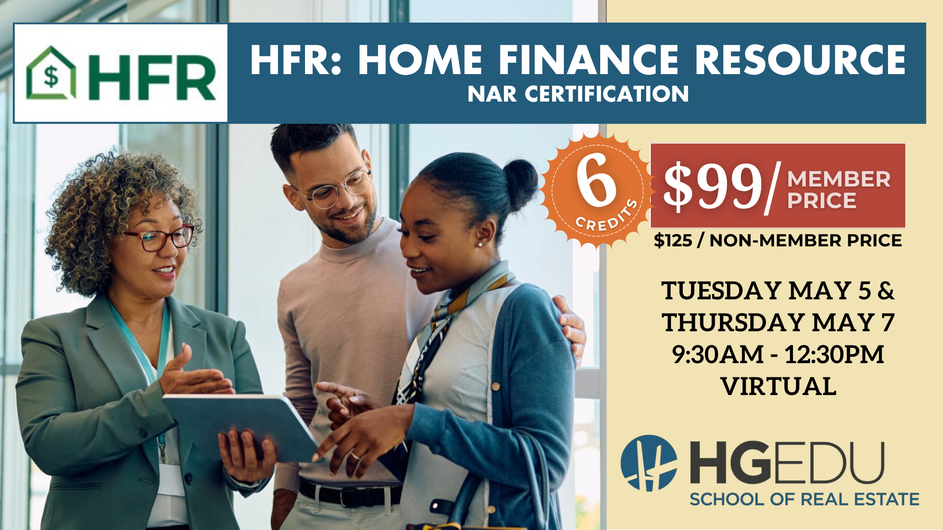 HFR home finance resource virtual certification flyer with people studying and $99 member price