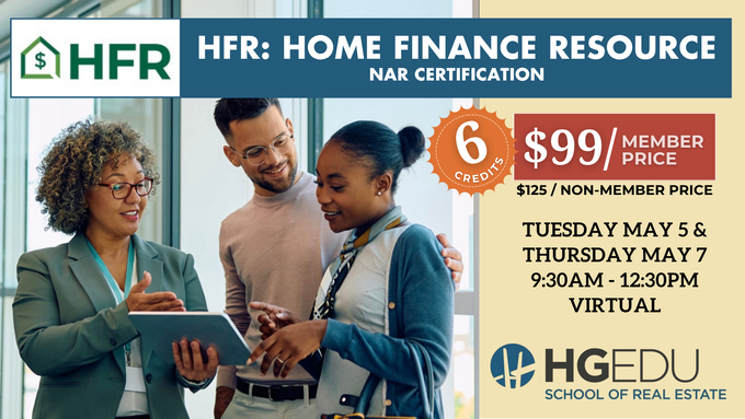 HFR home finance resource virtual certification flyer with people studying and $99 member price